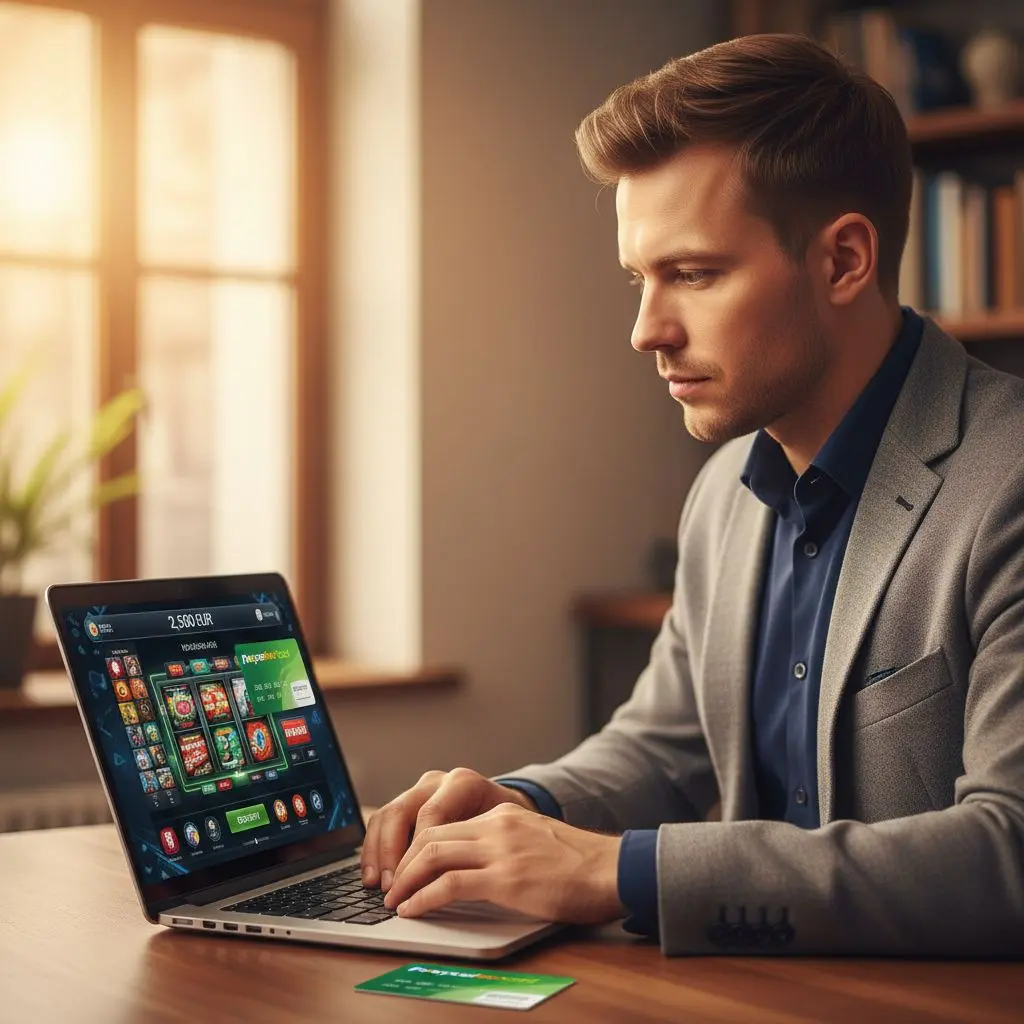 Expert na online platby Radek Svoboda, notebook s casinem a paysafecard v ruce